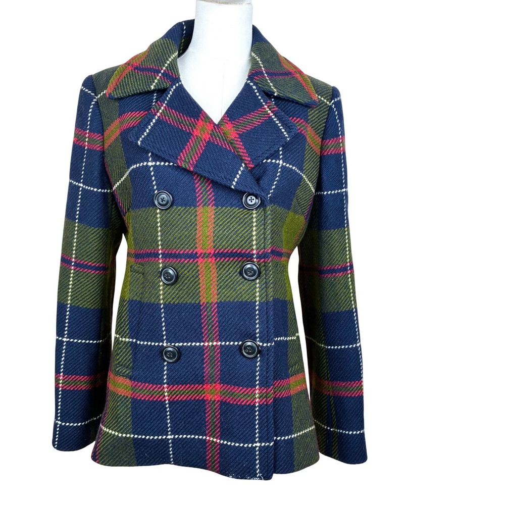 J.Crew Pea Coat Sz M Wool Plaid Double Breasted Academia Preppy Tartan Old Money